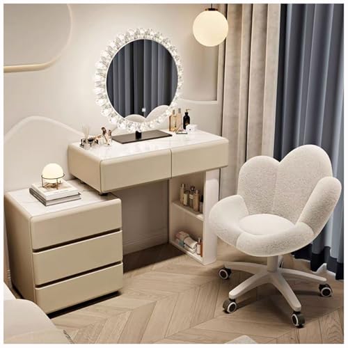 WOTZOV Schminktisch mit umkehrbarem Seitenschrank, Schminktisch mit beleuchtetem Spiegel, 3 Farblichtern, Frisiertisch mit 5 Schubladen, moderner Schminktisch mit Hock，Khaki C 80cm von WOTZOV