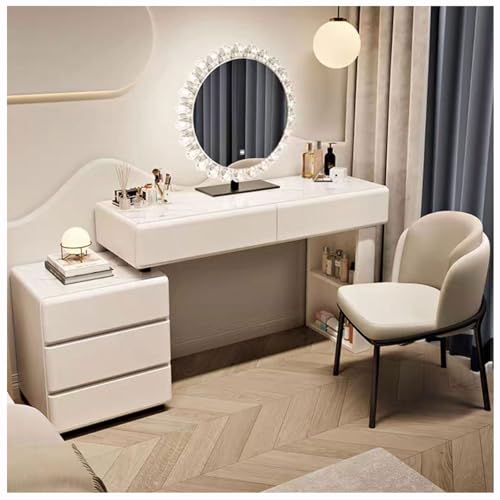 WOTZOV Schminktisch mit umkehrbarem Seitenschrank, Schminktisch mit beleuchtetem Spiegel, 3 Farblichtern, Frisiertisch mit 5 Schubladen, moderner Schminktisch mit Hock，White B 120cm von WOTZOV