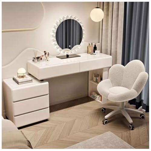 WOTZOV Schminktisch mit umkehrbarem Seitenschrank, Schminktisch mit beleuchtetem Spiegel, 3 Farblichtern, Frisiertisch mit 5 Schubladen, moderner Schminktisch mit Hock，White C 120cm von WOTZOV