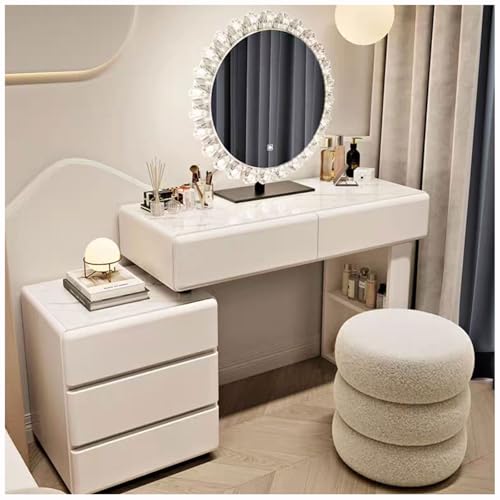WOTZOV Schminktisch mit umkehrbarem Seitenschrank, Schminktisch mit beleuchtetem Spiegel, 3 Farblichtern, Frisiertisch mit 5 Schubladen, moderner Schminktisch mit Hock,White a 100cm WOTZOV Schminktisch mit umkehrbarem Seitenschrank, Schminktisch mit beleuchtetem Spiegel, 3 Farblichtern, Frisiertisch mit 5 Schubladen, moderner Schminktisch mit Hock,White a 100cm von WOTZOV
