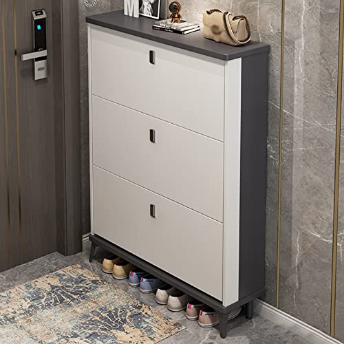 WOTZOV Schuhschrank mit 3 Klappschubladen, moderner freistehender Schuhregal-Aufbewahrungsorganizer, Schuhregal aus Holz mit Kippeimer für den Eingangsbereich mit Metallbei,White 90x24x120cm von WOTZOV