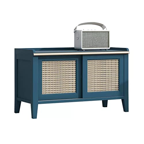 WOTZOV Schuhwechselhocker Rattan-Schuhhocker im japanischen Stil Massivholzmöbel Kann sitzen Blau Moderner minimalistischer Eingangs-Aufbewahrungshocker Schuhschrank Eingan,A Small von WOTZOV