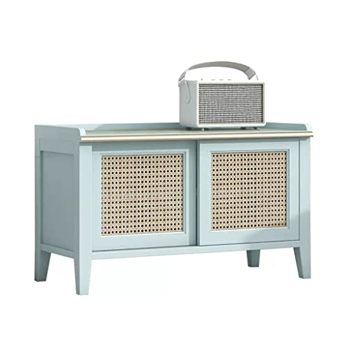 WOTZOV Schuhwechselhocker Rattan-Schuhhocker im japanischen Stil Massivholzmöbel Kann sitzen Blau Moderner minimalistischer Eingangs-Aufbewahrungshocker Schuhschrank Eingan,D Small von WOTZOV