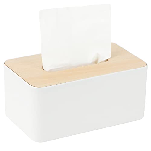 Tücherbox mit Deckelaus aus Holz, Rechteckige, Kunststoff, 21x13x9cm, Kosmetiktücherbox für Wohnzimmer, Büro, Auto,Badezimmer (Weiß) von WOUMON