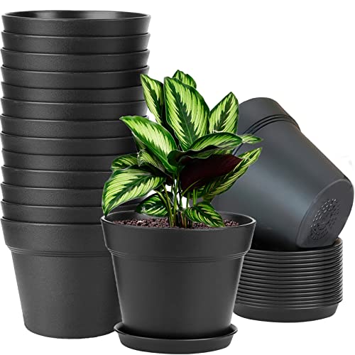 WOUSIWER Kunststoff-Pflanztöpfe für Innenbereich, robuste und stilvolle Töpfe für Zimmerpflanzen mit Abflusslöchern und Untersetzer für Pflanzen und Blumen, 16er-Pack, 15,2 cm, Schwarz von WOUSIWER
