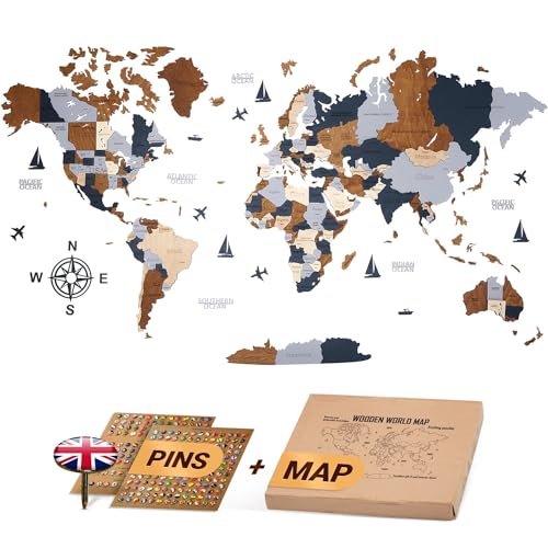 WOW WOOD® Premium Wanddeko 3D Weltkarte Holz in Englisch mit Pins | Werkzeuglose Wandmontage | Eine Geschenkidee für jede Gelegenheit | Wanddeko Holz für Wohn- und Büro Deko | Dunkelbraun 213x113cm von WOW WOOD