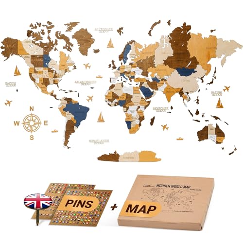 WOW WOOD® Premium Wall Decor 3D Wooden World Map in English with Pins | Wall Decoration for Home and Office (Multi Colour, 85.00 x 160.00 cms) von WOW WOOD