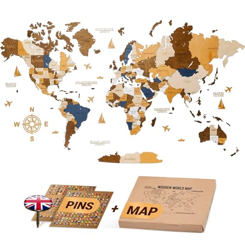 WOW WOOD® Premium Wanddeko 3D Weltkarte Holz in Englisch mit Pins | Werkzeuglose Wandmontage | Eine Geschenkidee für jede Gelegenheit | Wanddeko Holz für Wohn- und Büro Deko | Mehrfarbig XL(213x113cm) von WOW WOOD