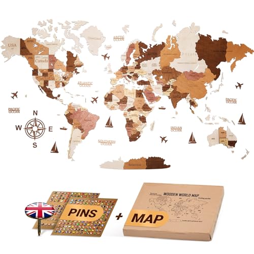 WOW WOOD® Premium Wanddeko 3D Weltkarte Holz in Englisch mit Pins | Werkzeuglose Wandmontage | Eine Geschenkidee für jede Gelegenheit (Holzfarbe auf Englisch, 113.00 x 213.00 cms) von WOW WOOD