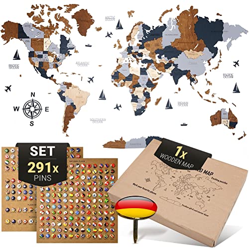 WOW WOOD Premium Wanddeko 3D Weltkarte Holz in Deutsch mit Pins | Werkzeuglose Wandmontage | Eine Geschenkidee für jede Gelegenheit | Wand deko Holz für Wohn- und Büro Deko (Dunkelbraun, 213x113 cms) von WOW WOOD