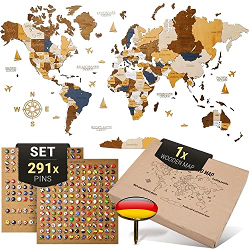 WOW WOOD Premium Wanddeko 3D Weltkarte Holz in Deutsch mit Pins | Werkzeuglose Wandmontage | Eine Geschenkidee für jede Gelegenheit | Wand deko Holz für Wohn- und Büro Deko (Mehrfarbig, 160x85 cms) von WOW WOOD