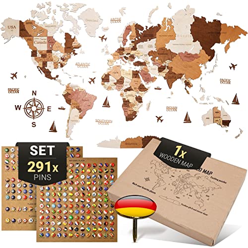 WOW WOOD Premium Wanddeko 3D Weltkarte Holz in Deutsch mit Pins | Werkzeuglose Wandmontage | Eine Geschenkidee für jede Gelegenheit | Wand deko Holz für Wohn- und Büro Deko (Holzfarbe, 120x62 cms) von WOW WOOD