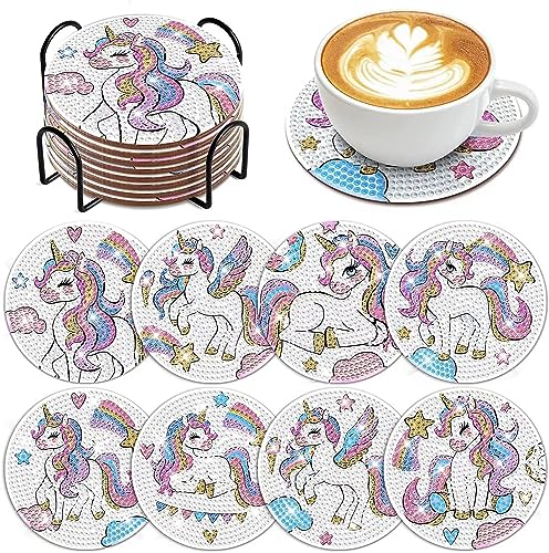 Diamond Painting Untersetzer mit Halter 8 Stück, WOWDECOR DIY Einhorn Tischuntersetzer Glasuntersetzer 5D Diamant Painting Coaster für Gläser Tassen Auto Mosaik (Einhorn) von WOWDECOR