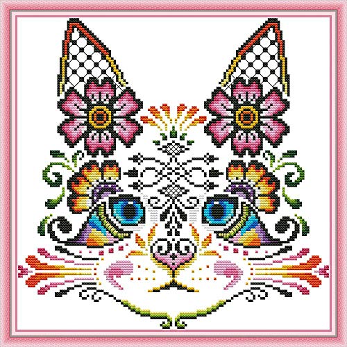 WOWDECOR Kreuzstich-Stickerei-Set für Erwachsene und Kinder, niedliche Katze, Elfen, Blumen, 11 Ct, geprägt DIY DMC Nadelarbeit für Anfänger von WOWDECOR