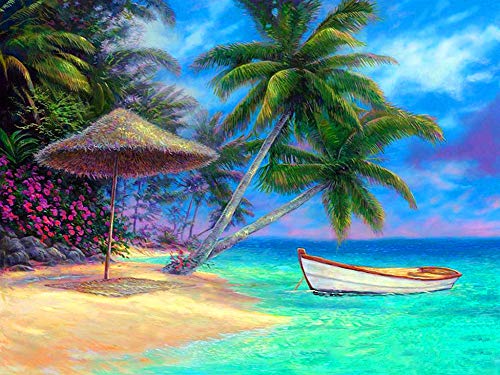 WOWDECOR DIY Malen nach Zahlen für Erwachsene Kinder Mädchen, Kokosnussbaum Meer Strand Boot 40x50cm Vorgedruckt Leinwand-Ölgemälde (ohne Rahmen) von WOWDECOR