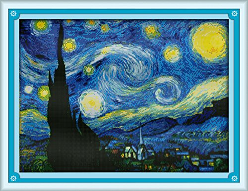 WOWDECOR Kreuzstich-Stickerei-Starter-Set, Van Gogh Sternenhimmel, 11 Karat, geprägt, DIY, DMC Nadelarbeit, einfache Anfänger von WOWDECOR