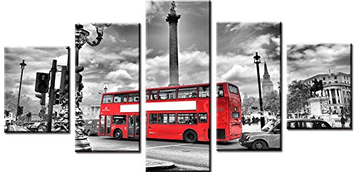 Wowdecor Bilder 5 Teilig Leinwand Malerei Drucke - Schwarz und Weiß London Straße Rot Bus Giclee Home Wohnzimmer Schlafzimmer Wand Bild Deko, Poster Geschenk Gedruckt - Ungerahmt (groß) von WOWDECOR