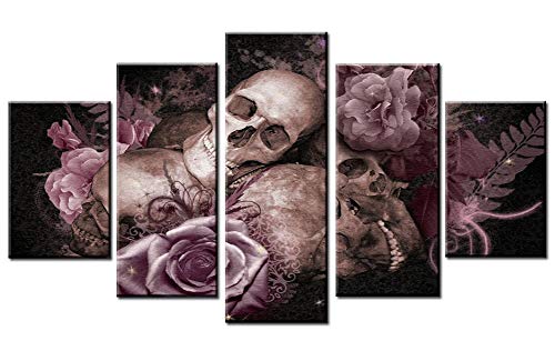 Wowdecor Leinwandbild, Leinwand, 5 Teile, mehrere Bilder, bunte Totenkopf-Rosen, indisches Giclée-Druck auf Leinwand, Poster, Wanddekoration, Geschenke, Skull & Roses, Small - Framed von WOWDECOR