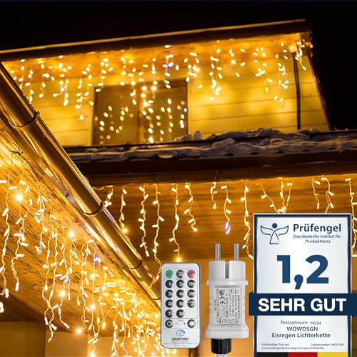 LED Eisregen Lichterkette Außen, WOWDSGN 10M 440LED Eiszapfen Lichterkette mit Timer 8 Modi IP44 wasserdicht Strombetrieben, Lichtervorhang für Weihnachten Dachkante Dachrinne Terrasse Balkon Warmweiß von WOWDSGN