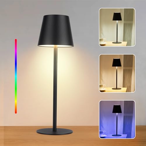 WOWDSGN LED Tischleuchte Kabellos Metallisch - Akku Tischlampe Aufladbar mit Touch-Schalter - Unendlich Dimmbares - IP44-4000mAh Batterie - 3000K / 4000K / 5000K + RGB - Schwarz von WOWDSGN