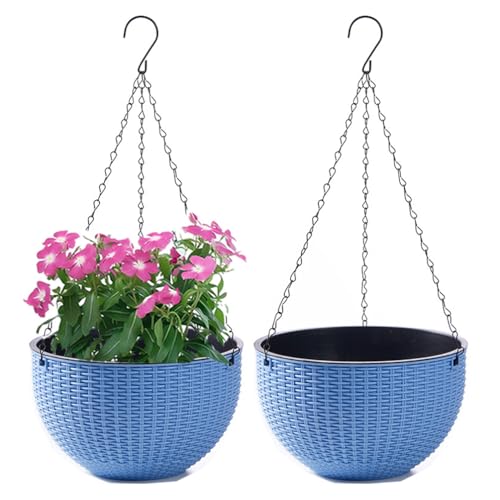 WOWEI Blumenampel Hangend 2er Set Hängeampel mit Wasserspeicher & Ablaufloch Selbstbewässerung Blumenampel Outdoor Indoor Hängeampel Pflanzen mit Ketten Blumentopf Hängepflanztöpfe (Blau, L:2 Set) von WOWEI