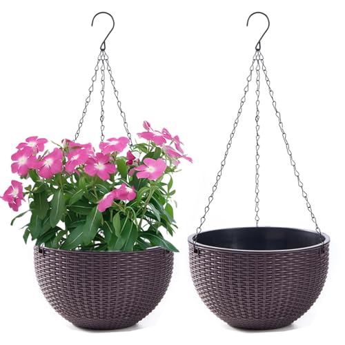 WOWEI Blumenampel Hangend 2er Set Hängeampel mit Wasserspeicher & Ablaufloch Selbstbewässerung Blumenampel Outdoor Indoor Hängeampel Pflanzen mit Ketten Blumentopf Hängepflanztöpfe (Braun, S:2 Set) von WOWEI