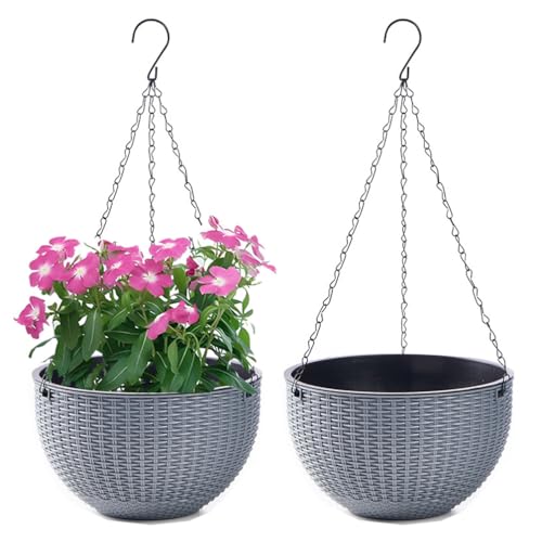 WOWEI Blumenampel Hangend 2er Set Hängeampel mit Wasserspeicher & Ablaufloch Selbstbewässerung Blumenampel Outdoor Indoor Hängeampel Pflanzen mit Ketten Blumentopf Hängepflanztöpfe (Grau, L:2 Set) von WOWEI
