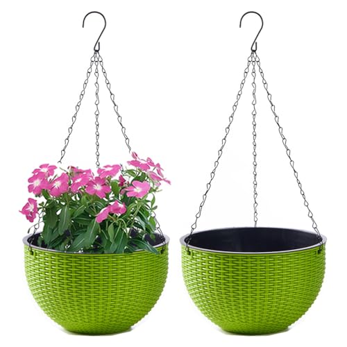 WOWEI Blumenampel Hangend 2er Set Hängeampel mit Wasserspeicher & Ablaufloch Selbstbewässerung Blumenampel Outdoor Indoor Hängeampel Pflanzen mit Ketten Blumentopf Hängepflanztöpfe (Grün, M:2 Set) von WOWEI