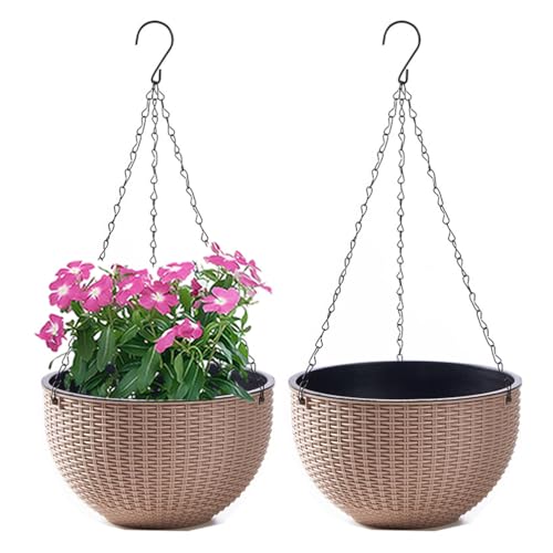 WOWEI Blumenampel Hangend 2er Set Hängeampel mit Wasserspeicher & Ablaufloch Selbstbewässerung Blumenampel Outdoor Indoor Hängeampel Pflanzen mit Ketten Blumentopf Hängepflanztöpfe (Khaki, L:2 Set) von WOWEI