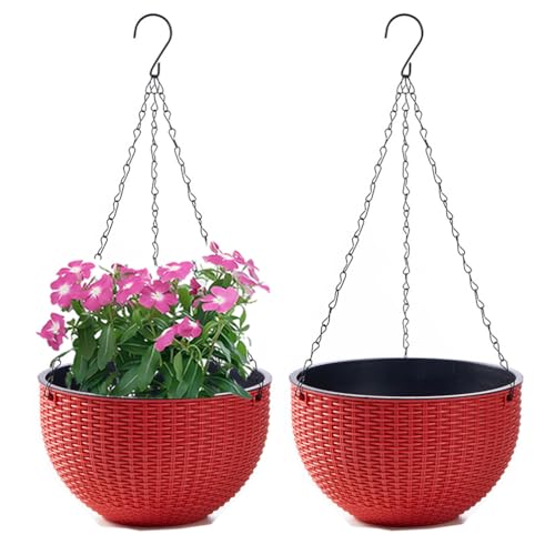 WOWEI Blumenampel Hangend 2er Set Hängeampel mit Wasserspeicher & Ablaufloch Selbstbewässerung Blumenampel Outdoor Indoor Hängeampel Pflanzen mit Ketten Blumentopf Hängepflanztöpfe (Rot, M:2 Set) von WOWEI