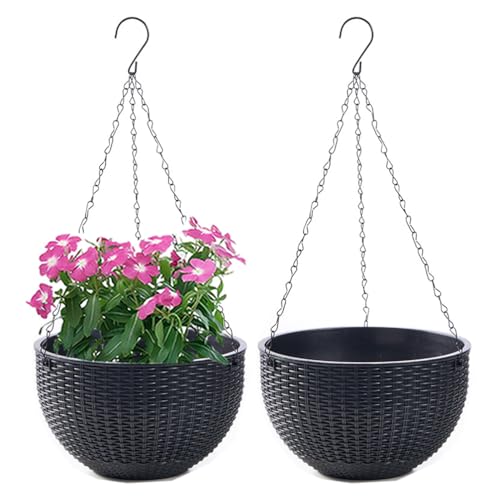 WOWEI Blumenampel Hangend 2er Set Hängeampel mit Wasserspeicher & Ablaufloch Selbstbewässerung Blumenampel Outdoor Indoor Hängeampel Pflanzen mit Ketten Blumentopf Hängepflanztöpfe (Schwarz, M:2 Set) von WOWEI