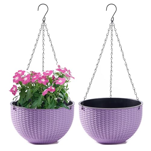 WOWEI Blumenampel Hangend 2er Set Hängeampel mit Wasserspeicher & Ablaufloch Selbstbewässerung Blumenampel Outdoor Indoor Hängeampel Pflanzen mit Ketten Blumentopf Hängepflanztöpfe (Violett, L:2 Set) von WOWEI