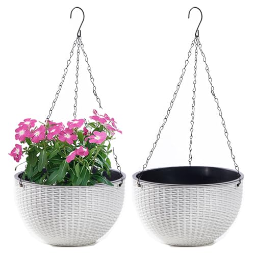 WOWEI Blumenampel Hangend 2er Set Hängeampel mit Wasserspeicher & Ablaufloch Selbstbewässerung Blumenampel Outdoor Indoor Hängeampel Pflanzen mit Ketten Blumentopf Hängepflanztöpfe (Weiß, L:2 Set) von WOWEI