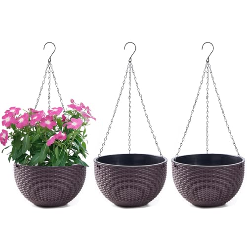 WOWEI Blumenampel Hangend 3er Set Hängeampel mit Wasserspeicher & Ablaufloch Selbstbewässerung Blumenampel Outdoor Indoor Hängeampel Pflanzen mit Ketten Blumentopf Hängepflanztöpfe (Braun, L:3 Set) von WOWEI
