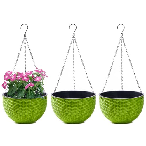 WOWEI Blumenampel Hangend 3er Set Hängeampel mit Wasserspeicher & Ablaufloch Selbstbewässerung Blumenampel Outdoor Indoor Hängeampel Pflanzen mit Ketten Blumentopf Hängepflanztöpfe (Grün, M:3 Set) von WOWEI