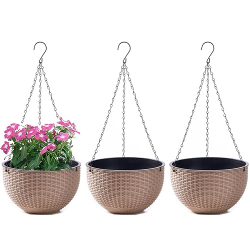 WOWEI Blumenampel Hangend 3er Set Hängeampel mit Wasserspeicher & Ablaufloch Selbstbewässerung Blumenampel Outdoor Indoor Hängeampel Pflanzen mit Ketten Blumentopf Hängepflanztöpfe (Khaki, S:3 Set) von WOWEI