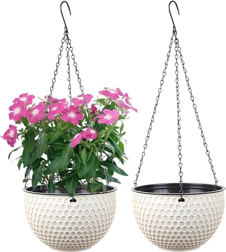 WOWEI Hängende Blumenampel 2er Set Selbstbewässerung Hängepflanztöpfe mit Wasserspeicher & Ablaufloch Bienenwabe Hängekorb Hängeampel Blumenampel Makramee für Pflanzen mit Ketten (Beige, M:2er Set) von WOWEI