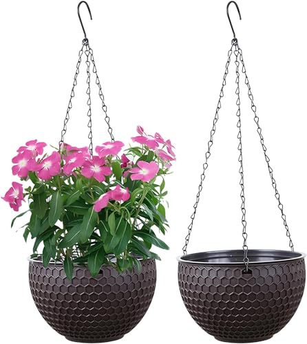 WOWEI Hängende Blumenampel 2er Set Selbstbewässerung Hängepflanztöpfe mit Wasserspeicher & Ablaufloch Bienenwabe Hängekorb Hängeampel Blumenampel Makramee für Pflanzen mit Ketten (Braun, M:2er Set) von WOWEI