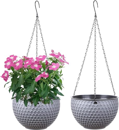 WOWEI Hängende Blumenampel 2er Set Selbstbewässerung Hängepflanztöpfe mit Wasserspeicher & Ablaufloch Bienenwabe Hängekorb Hängeampel Blumenampel Makramee für Pflanzen mit Ketten (Grau, L:2er Set) von WOWEI