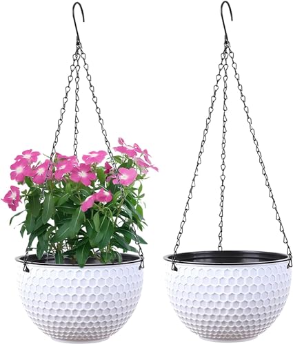 WOWEI Hängende Blumenampel 2er Set Selbstbewässerung Hängepflanztöpfe mit Wasserspeicher & Ablaufloch Bienenwabe Hängekorb Hängeampel Blumenampel Makramee für Pflanzen mit Ketten (Weiß, L:2er Set) von WOWEI