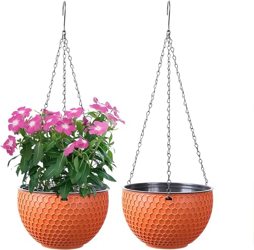 WOWEI Hängende Blumenampel 2er Set Selbstbewässerung Hängepflanztöpfe mit Wasserspeicher & Ablaufloch Hängekorb Hängeampel Blumenampel Makramee für Pflanzen mit Ketten (Orange, S:2er Set) von WOWEI