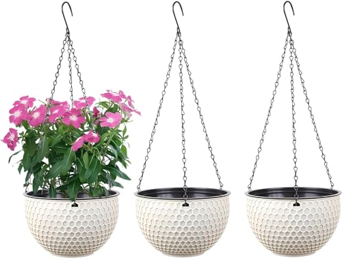 WOWEI Hängende Blumenampel 3er Set Selbstbewässerung Hängepflanztöpfe mit Wasserspeicher & Ablaufloch Bienenwabe Hängekorb Hängeampel Blumenampel Makramee für Pflanzen mit Ketten (Beige, M:3er Set) von WOWEI