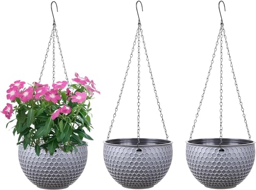 WOWEI Hängende Blumenampel 3er Set Selbstbewässerung Hängepflanztöpfe mit Wasserspeicher & Ablaufloch Bienenwabe Hängekorb Hängeampel Blumenampel Makramee für Pflanzen mit Ketten (Grau, L:3er Set) von WOWEI