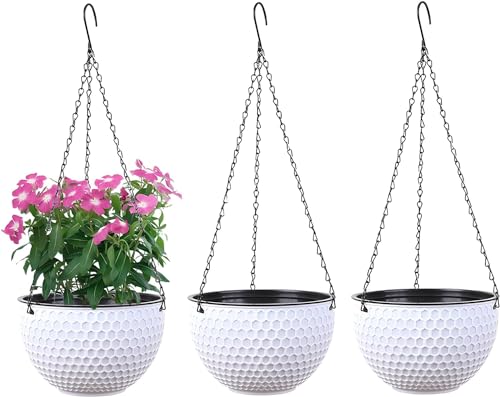 WOWEI Hängende Blumenampel 3er Set Selbstbewässerung Hängepflanztöpfe mit Wasserspeicher & Ablaufloch Bienenwabe Hängekorb Hängeampel Blumenampel Makramee für Pflanzen mit Ketten (Weiß, L:3er Set) von WOWEI