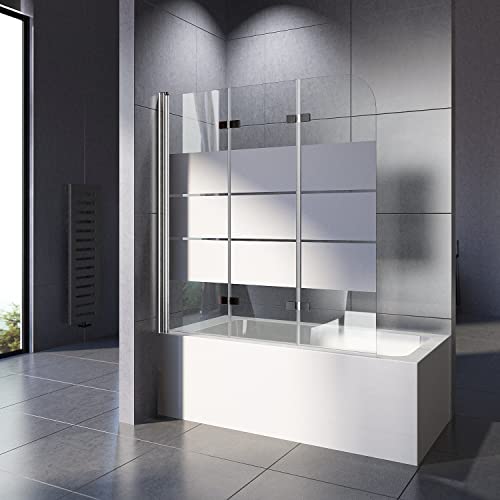 WOWINNE Duschwand für Badewanne 120x140 cm, Badewannenaufsatz Duschwand Gestreift 3-teilig Faltbar 5mm ESG Sicherheitsglas Duschabtrennung Badewanne von WOWINNE