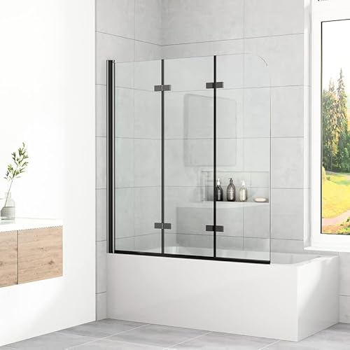 WOWINNE Badewanne Duschwand 120x140cm Duschwand für Badewanne Faltbar Duschwand Schwarz 3-teilig Duschabtrennungnaufsatz mit 6mm ESG Sicherheitsglas von WOWINNE