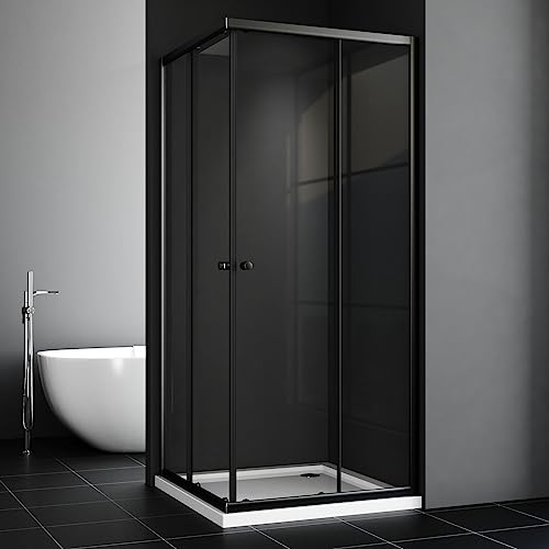 WOWINNE Duschkabine 75x75x185cm Eckeinstieg Duschkabine Schwarz Sschiebetür Duschabtrennung Doppel Schiebetür Echtglas Duschtür LINKS & RECHTS MONTIERBAR von WOWINNE