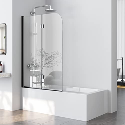 WOWINNE Duschwand für Badewanne 110 x 140cm, Badewannenaufsatz Duschwand Schwarz 2-teilig Faltbar 6mm Nano ESG-Sicherheitsglas Duschabtrennung Badewanne von WOWINNE