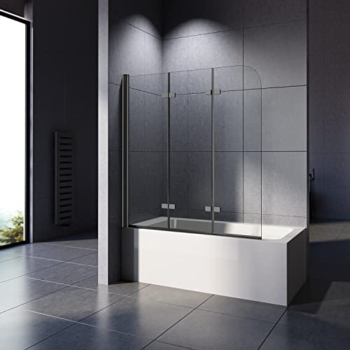 WOWINNE Duschwand für Badewanne, Duschwand 130x140cm Badewannenaufsatz Duschwand Schwarz 3-teilig Faltbar Duschabtrennung Badewanne mit 6mm NANO ESG-Glas von WOWINNE