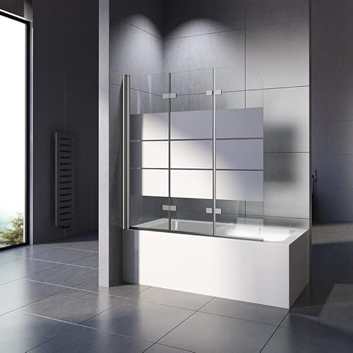 WOWINNE Duschwand für Badewanne 130x140 CM, Badewannenaufsatz Duschwand Schwarz Gestreift 3-teilig Faltbar 6 mm NANO ESG Sicherheitsglas Duschabtrennung Badewanne von WOWINNE